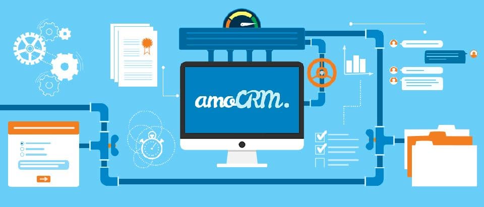 Схема работы CRM-системы amoCRM с иллюстрацией ключевых модулей