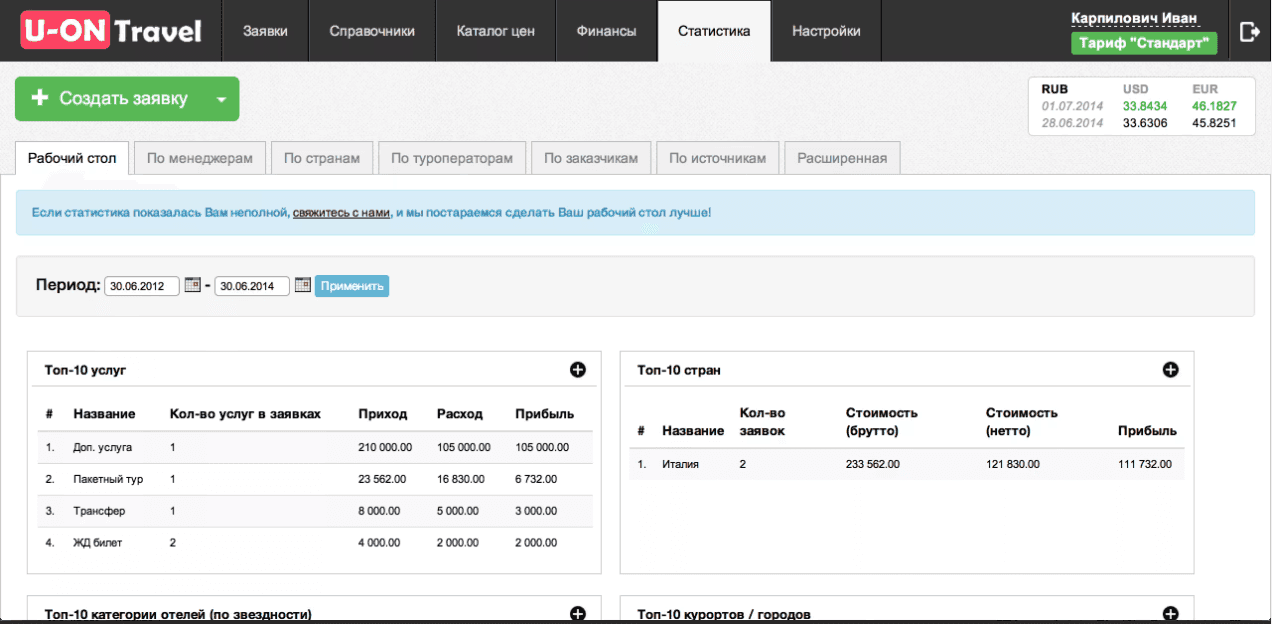 Интерфейс U-ON Travel с таблицей данных