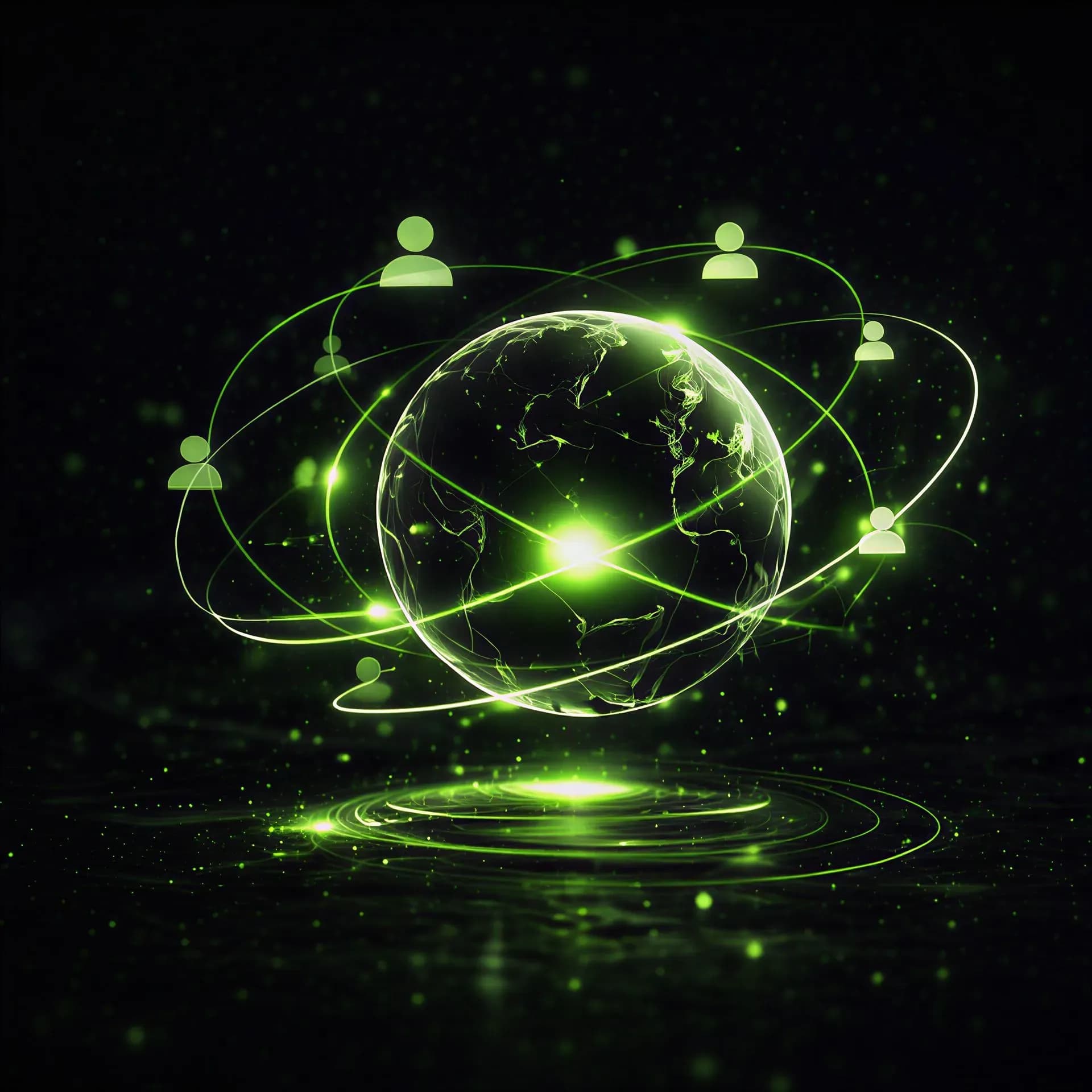Абстрактное изображение светящегося зелёного шара с орбитальными линиями и фигурами