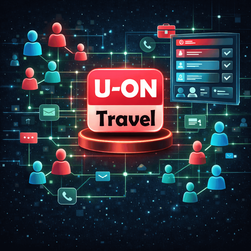 Логотип «U-ON Travel» красного цвета на фоне сети контактов и интерфейса приложения