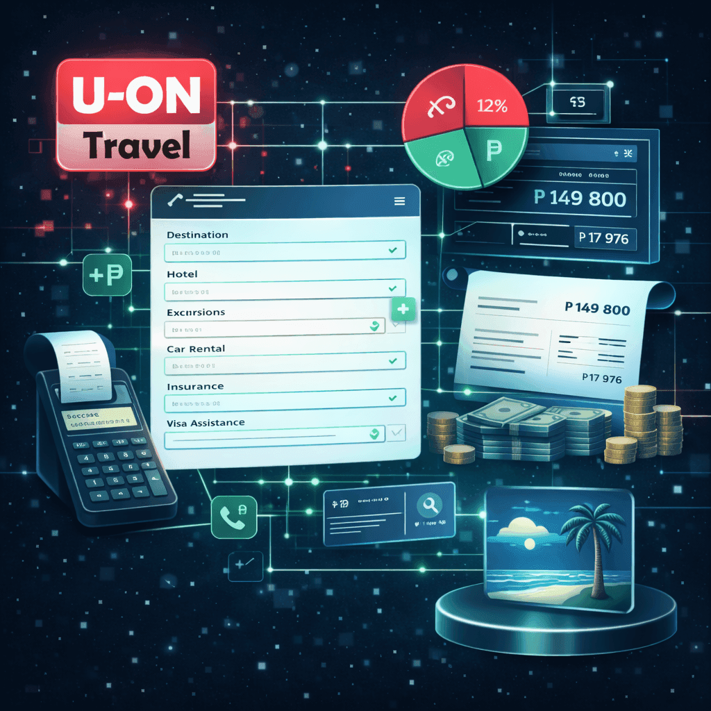 Красный логотип U-ON Travel с элементами интерфейса бронирования, диаграммами и калькулятором 