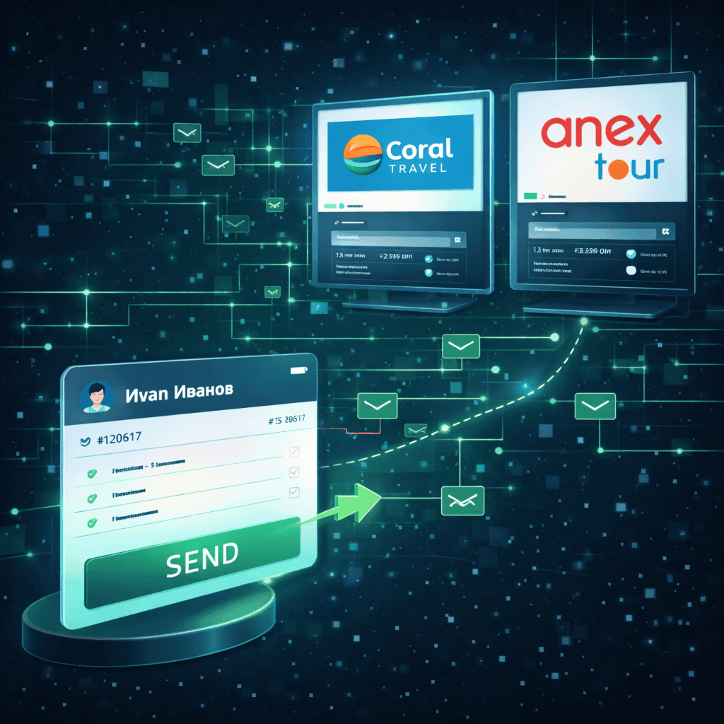 Окна приложений турфирм Anex Tour и Coral Travel на фоне абстрактной цифровой сети и линий связи