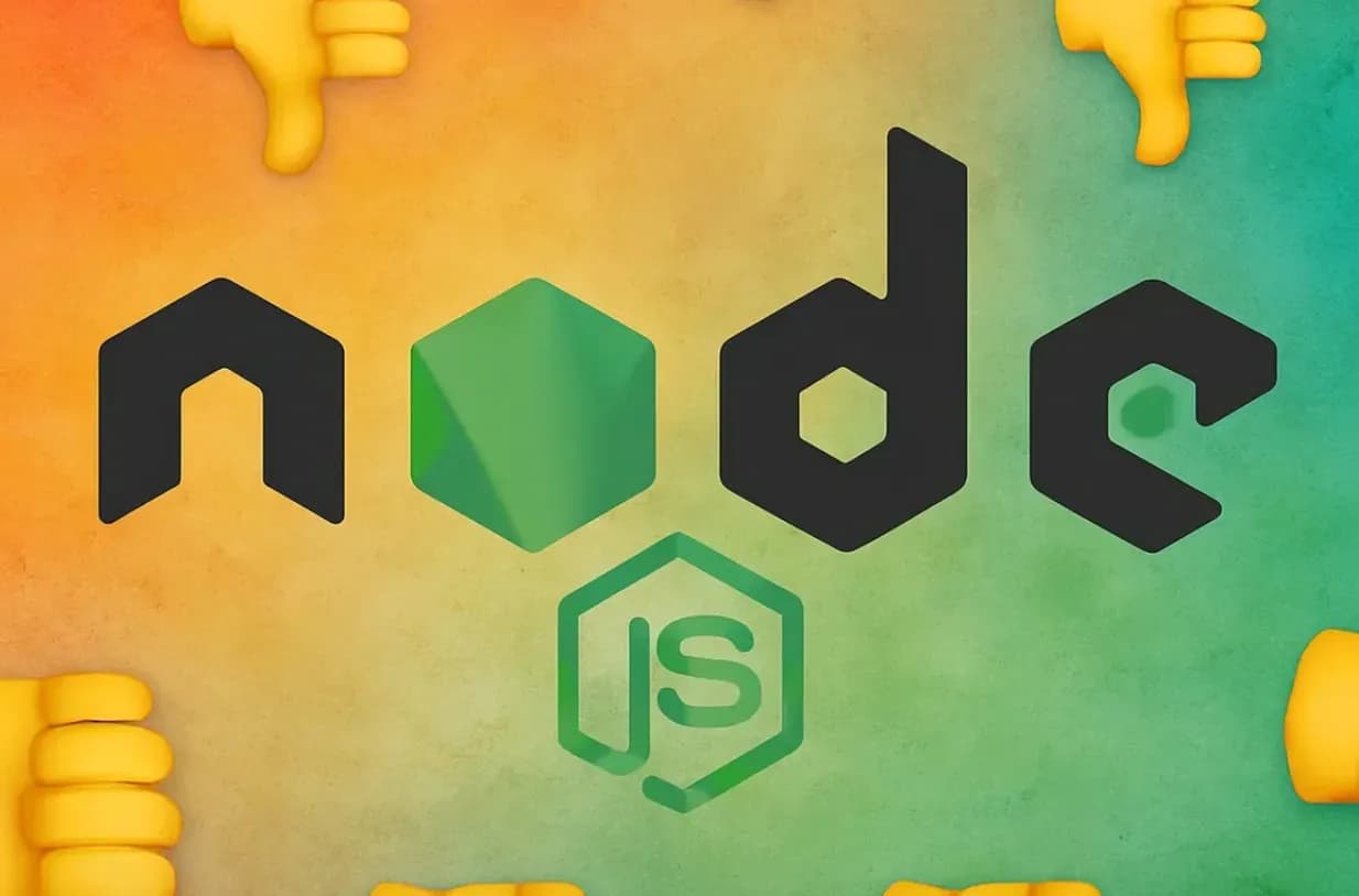 Логотип Node.js на фоне с градиентом и элементами в виде «палец вниз»