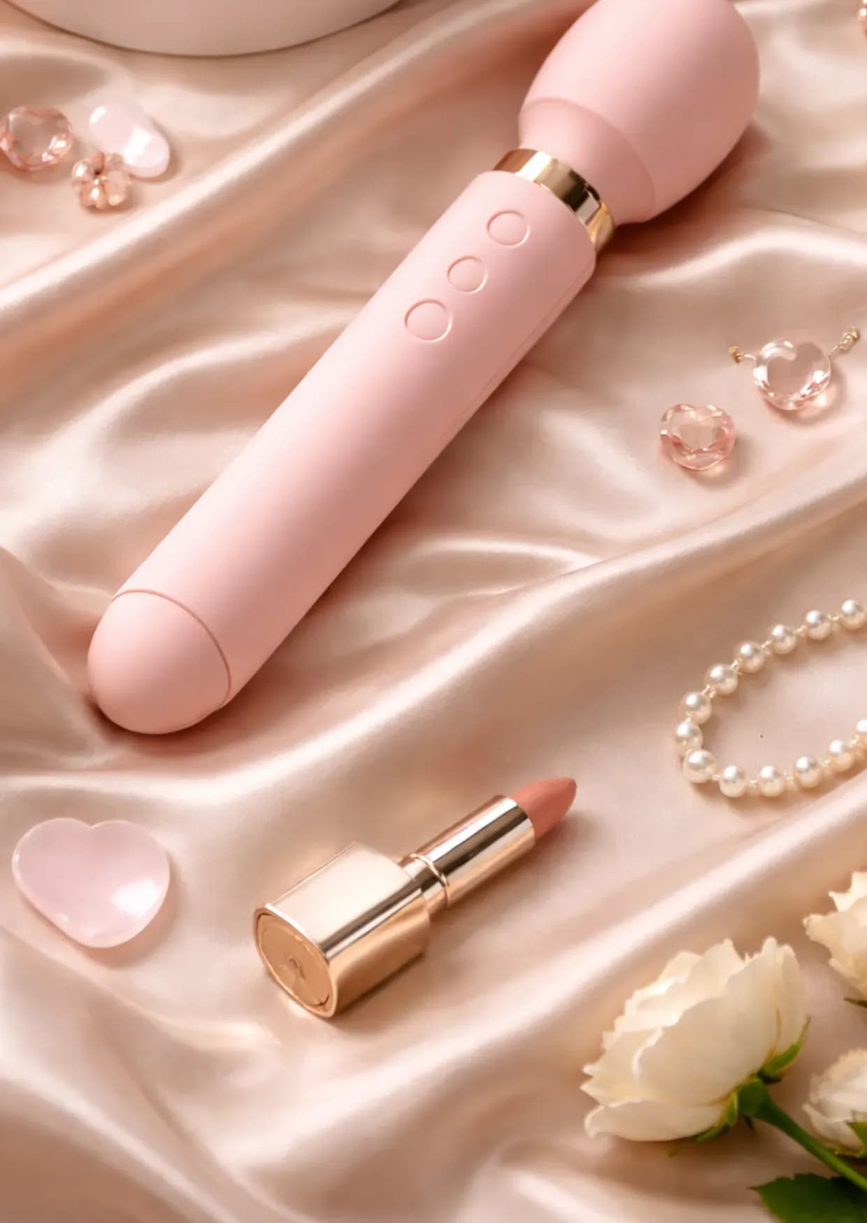 Интимный массажер нежно-розового цвета на светлом фоне