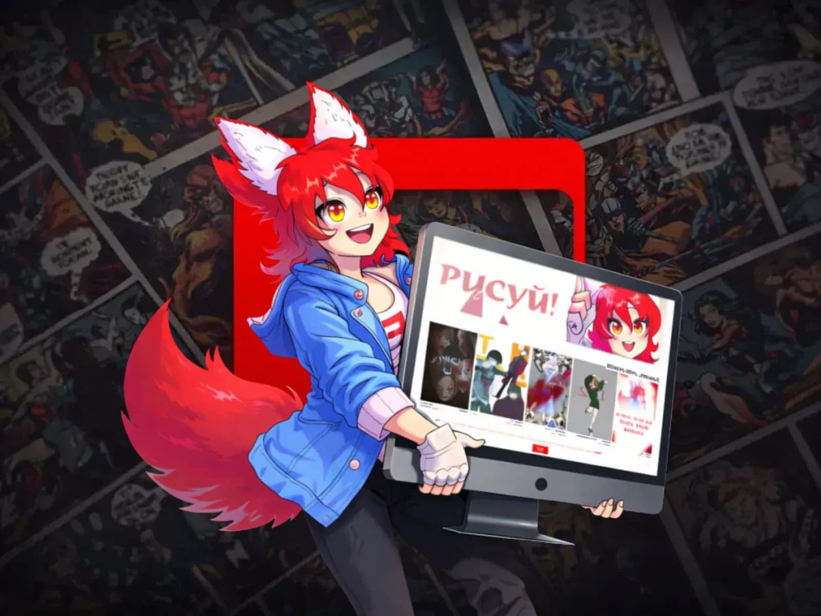 Персонаж с компьютером на фоне логотипа и комиксов 