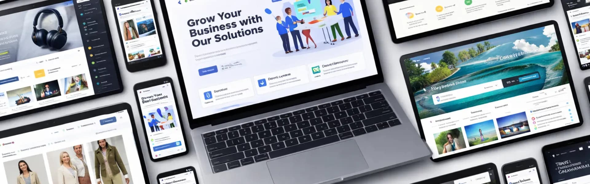 Множество экранов с разными веб-сайтами на ноутбуке, планшетах и смартфонах