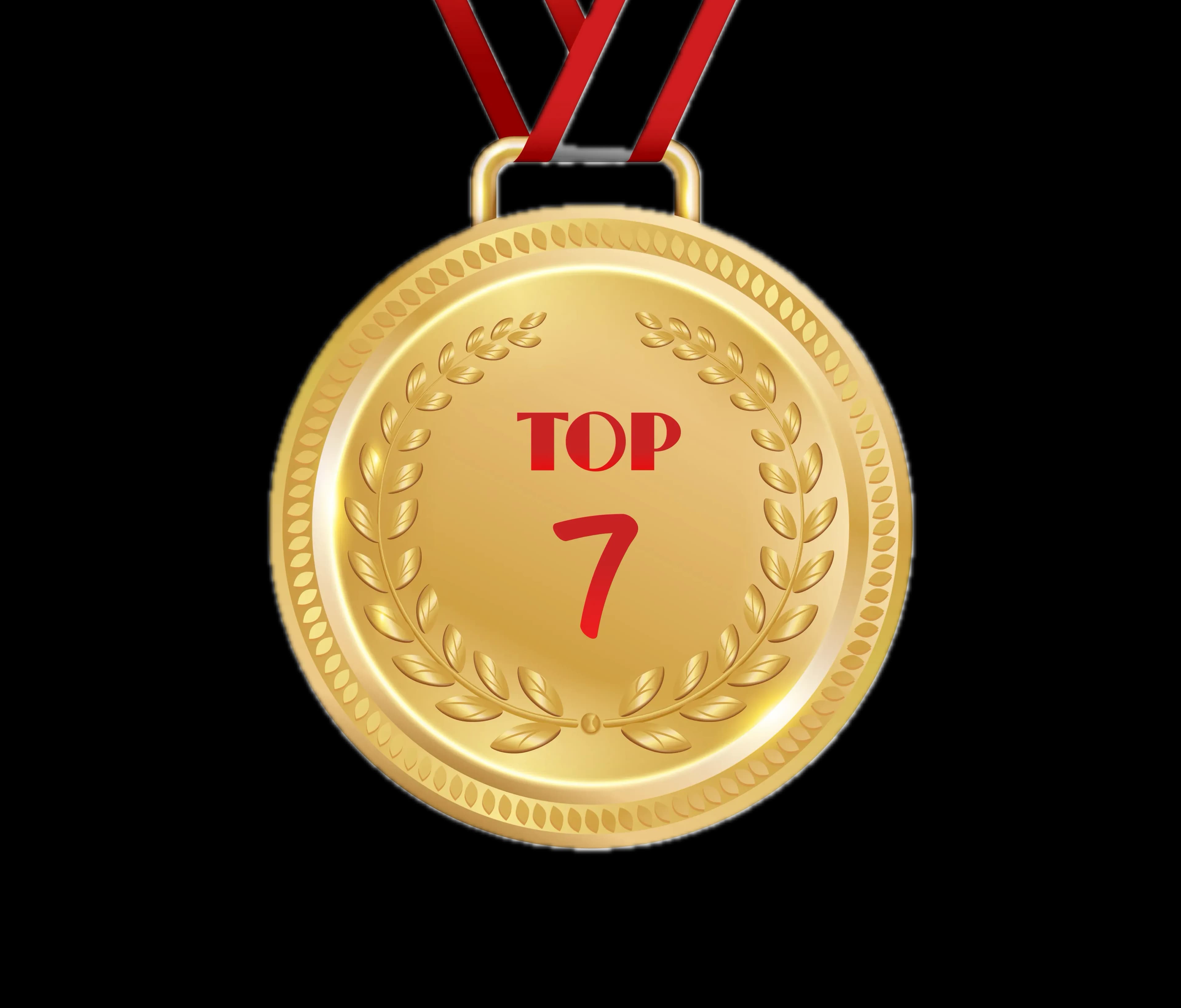 Золотая медаль с красной лентой, надпись «ТОП 7» и декоративный узор