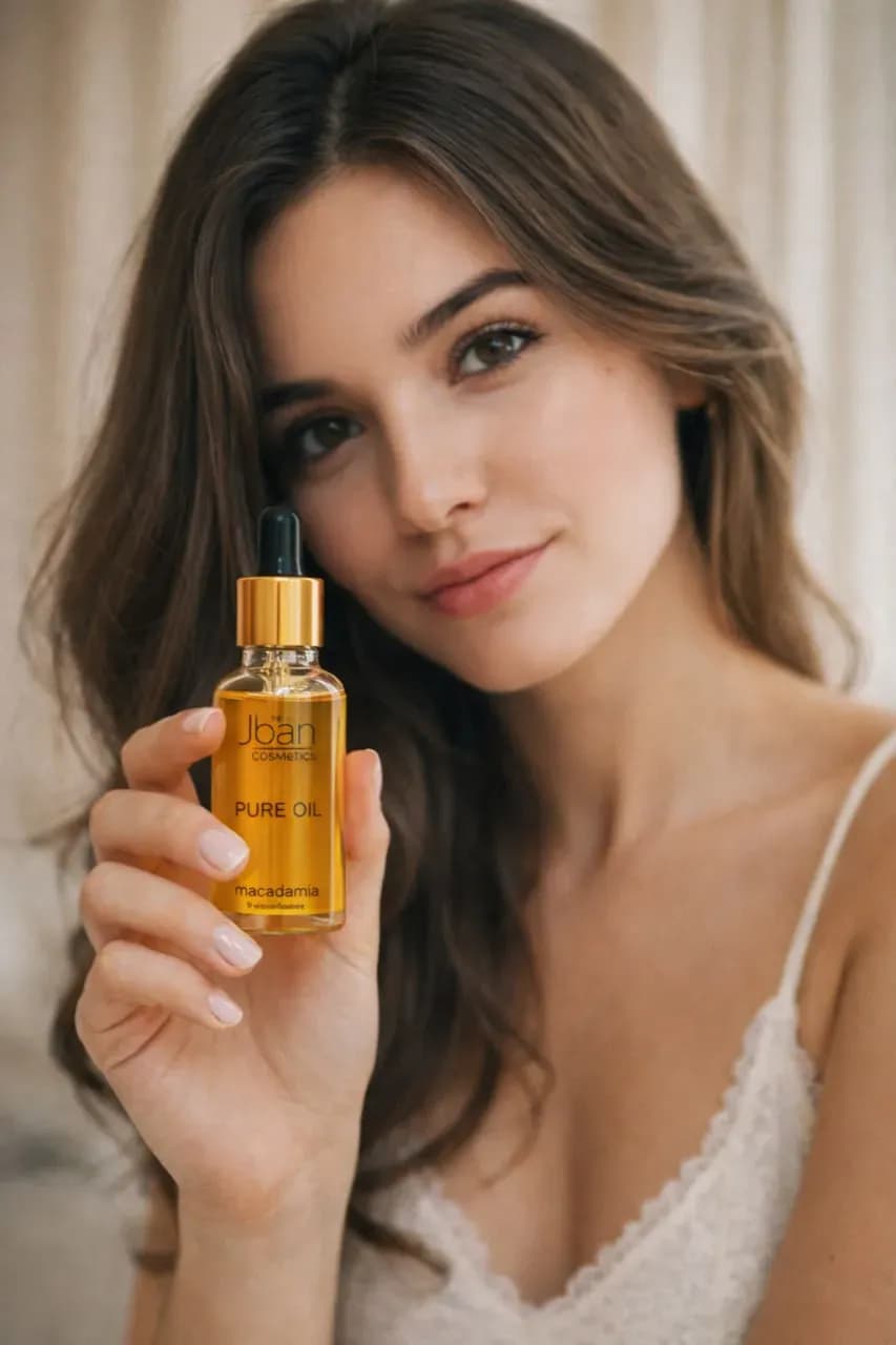 Девушка держит флакон масла Jhan Natural Cosmetics в руке