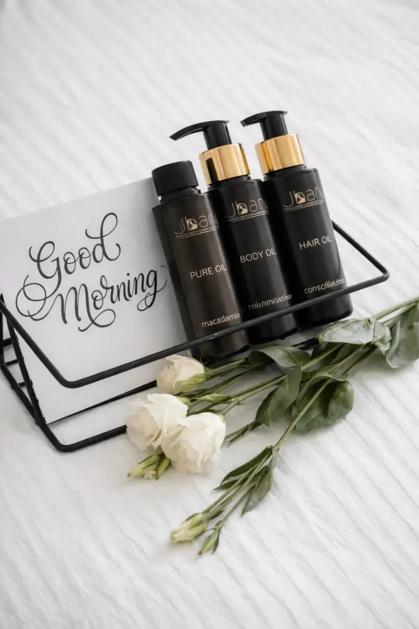 Набор косметики Jhan Natural Cosmetics: три чёрных флакона с золотыми дозаторами на светлом фоне с цветами и карточкой Good Morning