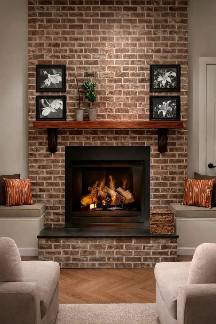 Камин в кирпичной нише с деревянной полкой