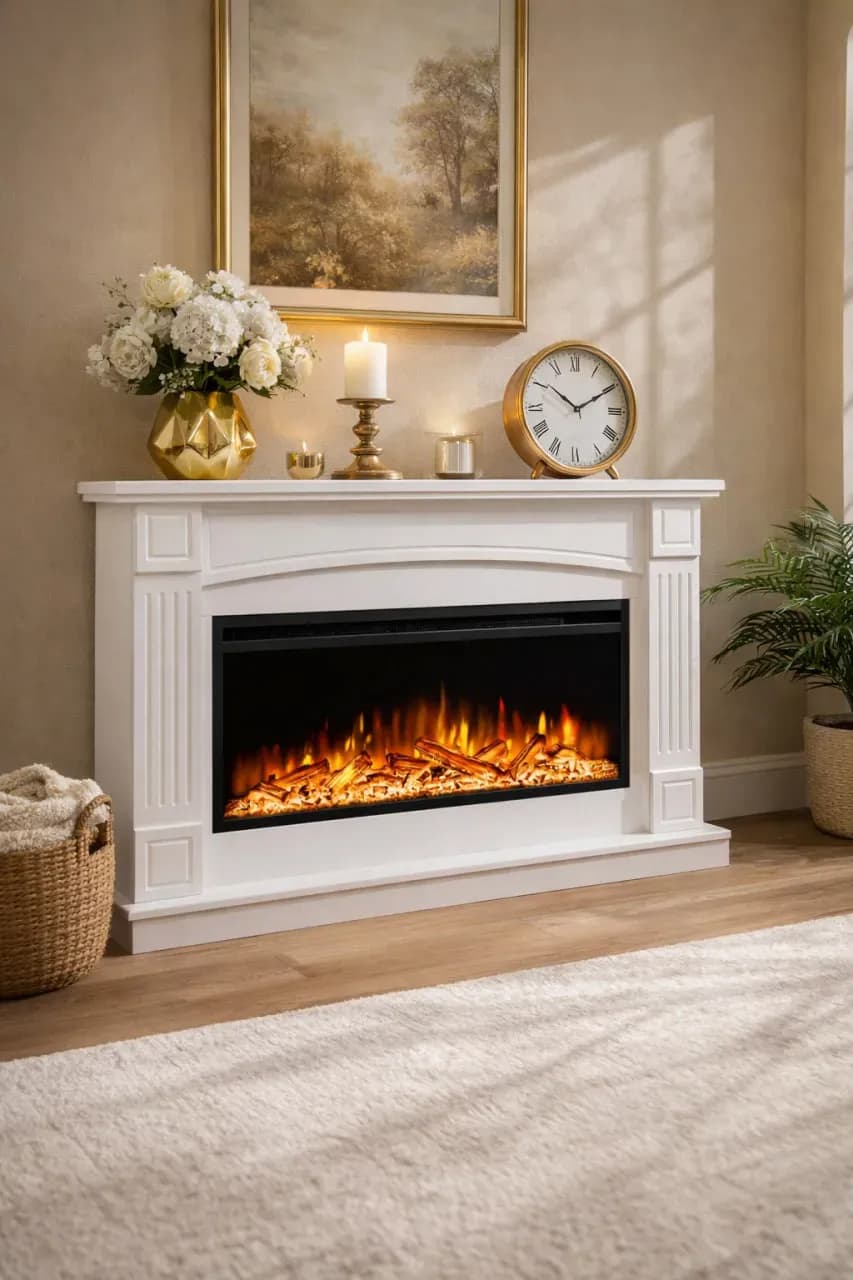 Белый электрический камин в современном интерьере