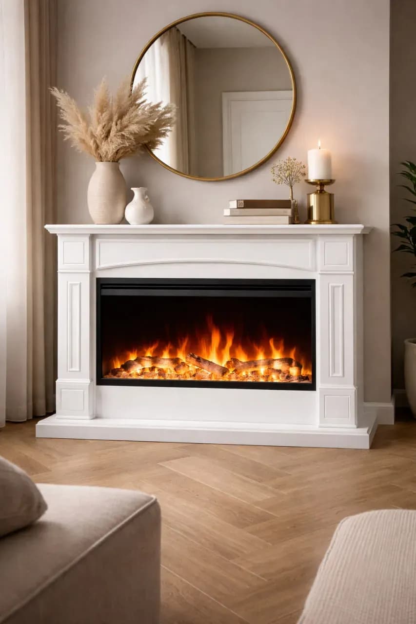 Белый электрический камин в гостиной с декоративной полкой