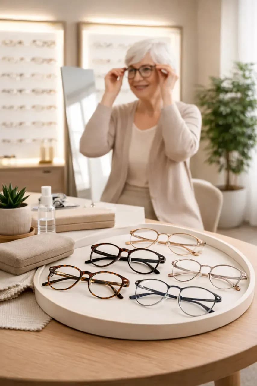 Женщина примеряет очки в светлом салоне оптики