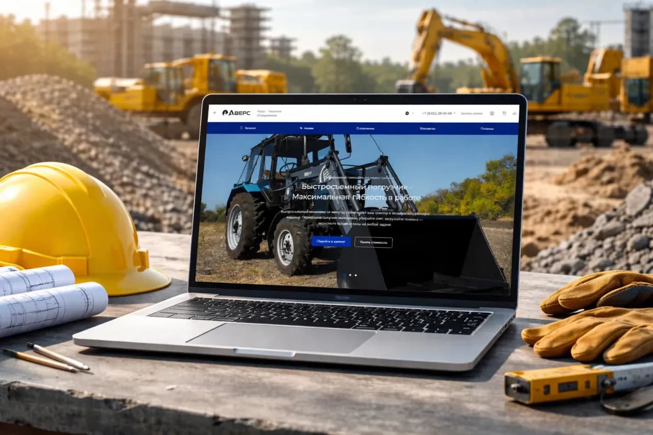 Ноутбук с открытым сайтом компании «Аверс» на экране стоит на строительной площадке