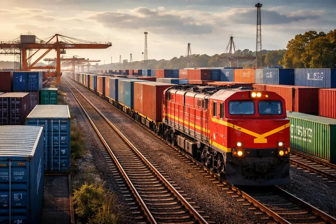 Поезд с контейнерами на платформе  