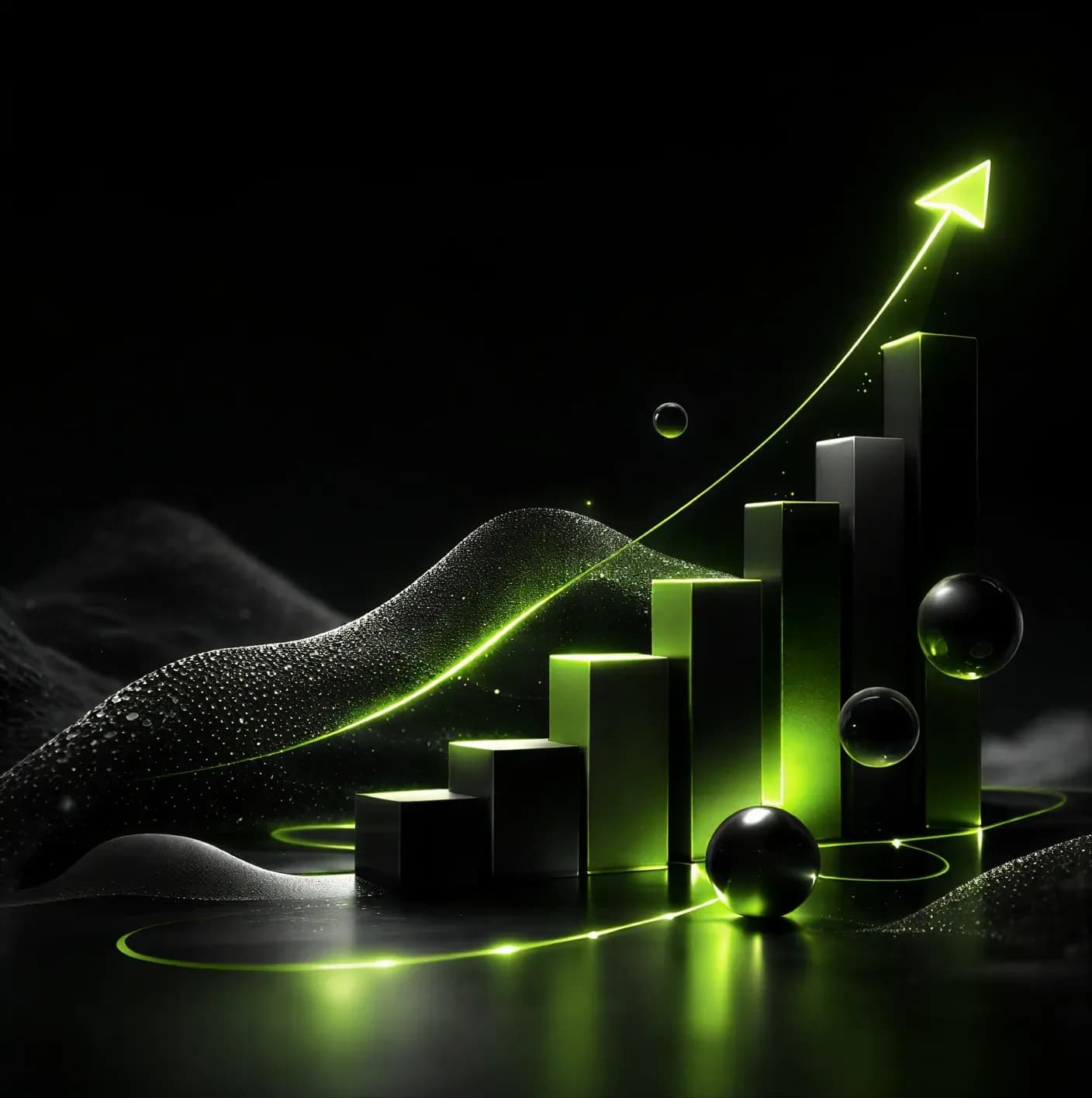 График с растущими столбцами на темном фоне, подсвеченный зеленым светом