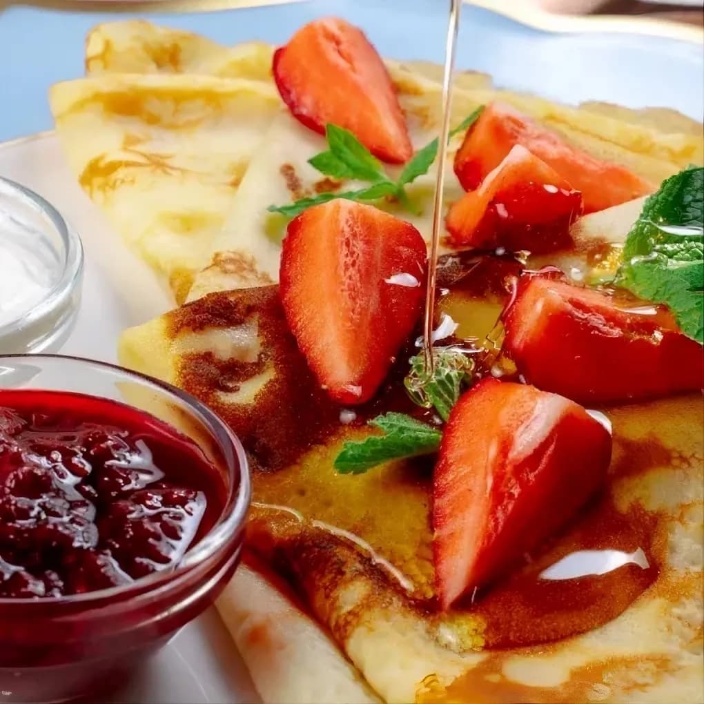 Блины с клубникой и ягодным соусом
