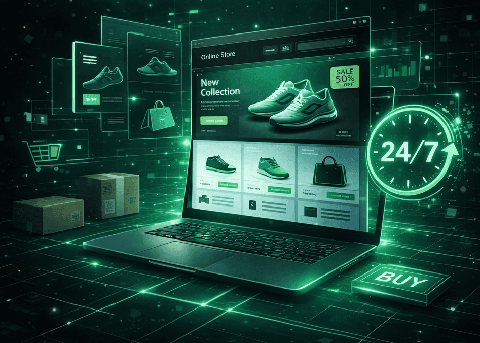 Интернет-магазин на ноутбуке с каталогом товаров и круглосуточной работой