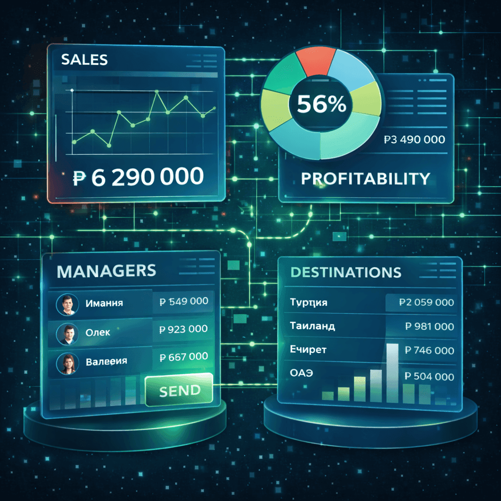 Интерфейс аналитики с графиком продаж и круговой диаграммой рентабельности