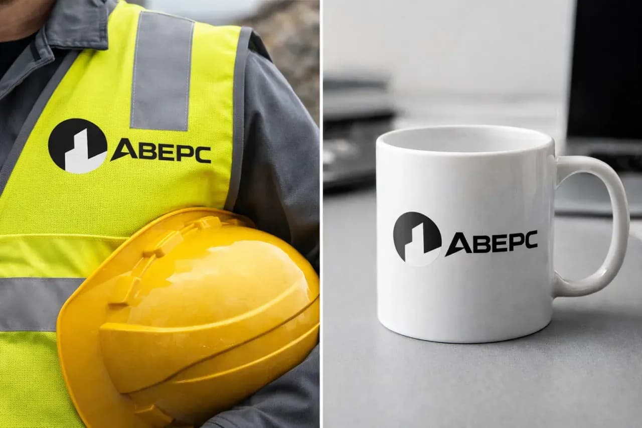Логотип «АВЕРС» на строительной форме и на белой брендированной кружке.