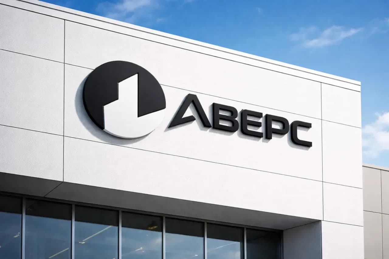 Черный логотип «АВЕРС» в объемном исполнении на светлом фасаде производственного здания.