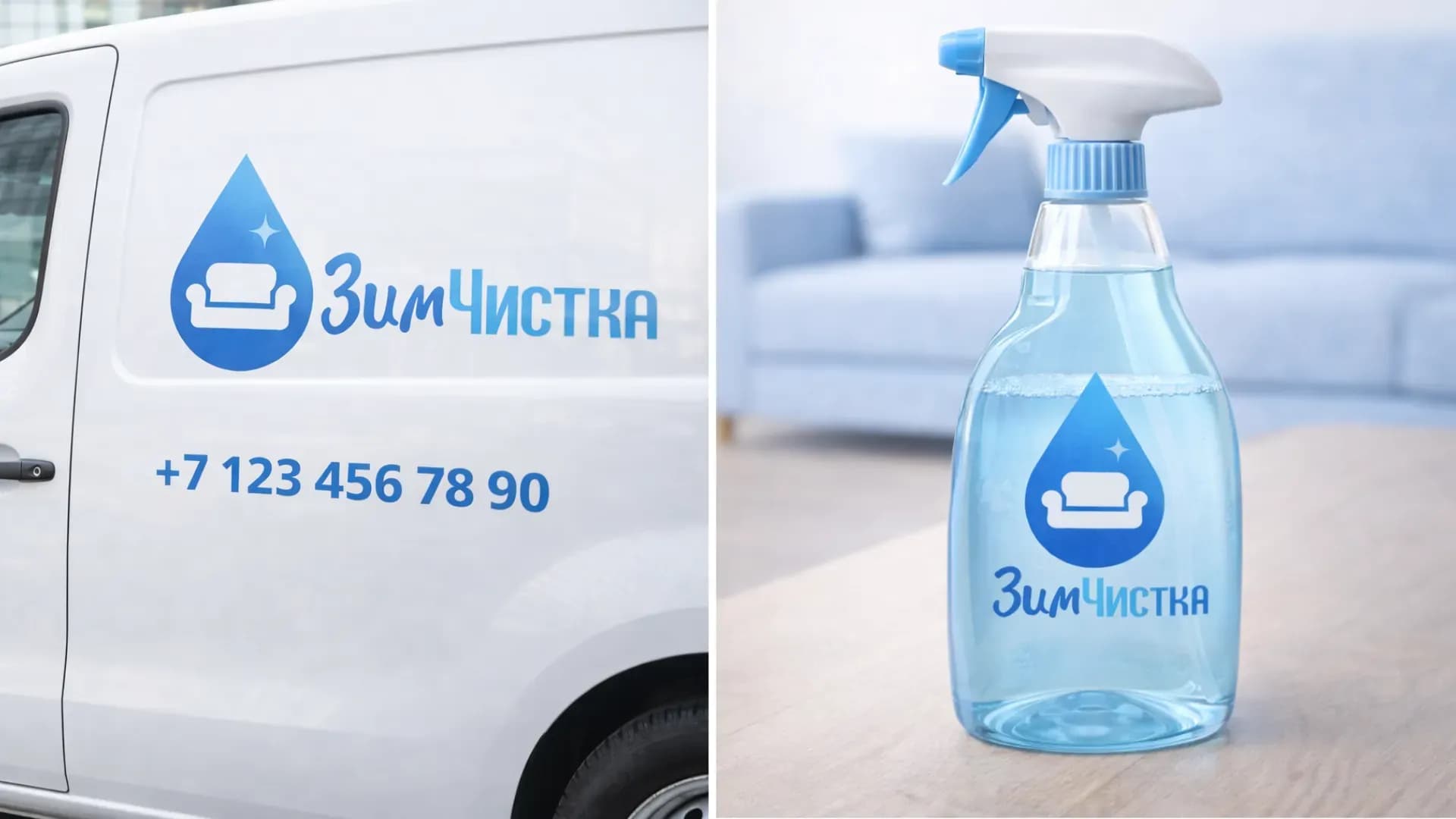 Логотип на брендированном автомобиле и на флаконе с чистящим средством