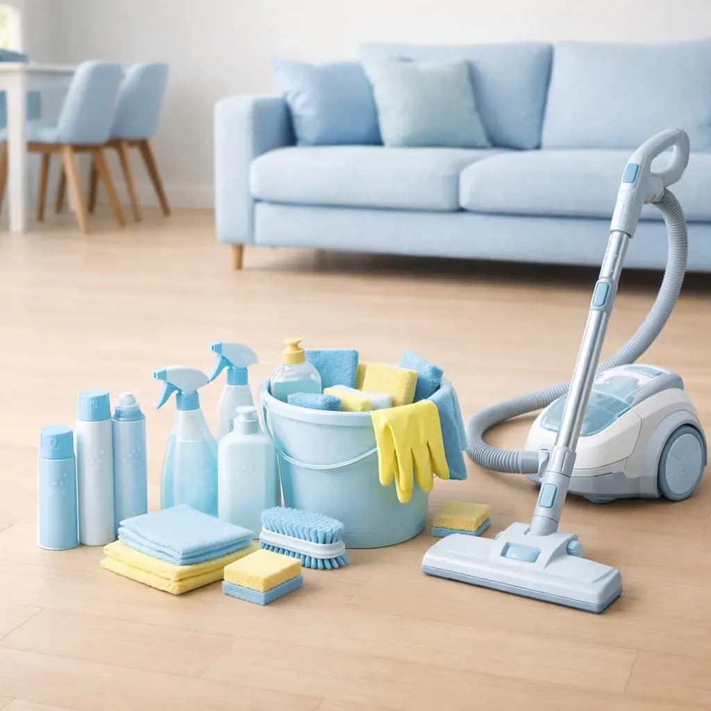 Пылесос и набор средств для уборки в холодных голубых тонах на фоне светлой гостиной с диваном и стульями.