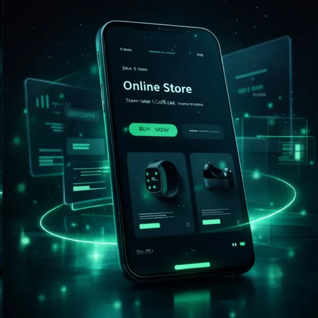 Смартфон с интерфейсом онлайн-магазина на темном фоне с зеленым свечением