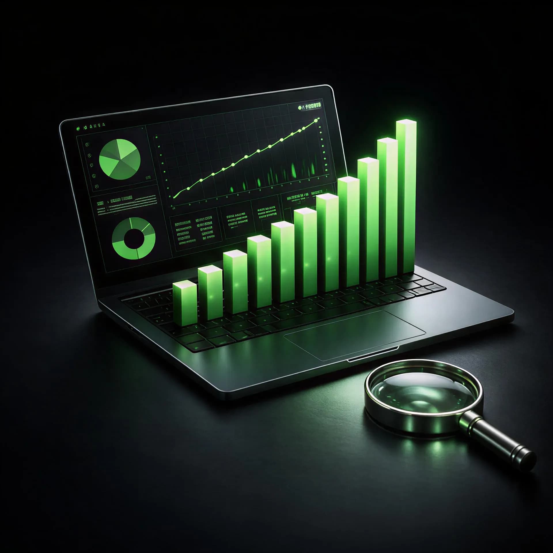 Ноутбук с зелёным графиком и увеличительным стеклом